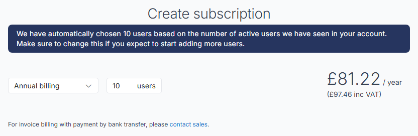 Create subscription page with Annual billing selected, 10 users entered and the yearly price shown.