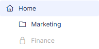 Folder list with Home and Marketing accessible and Finance greyed out with a lock icon.