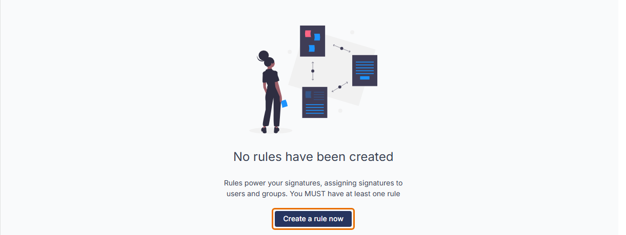 Rules page with the message No rules have been created and the Create a rule now button highlighted.