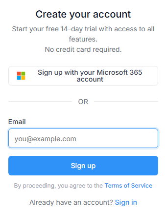 Create your account form with Microsoft 365 sign-up, email address and Sign up options.